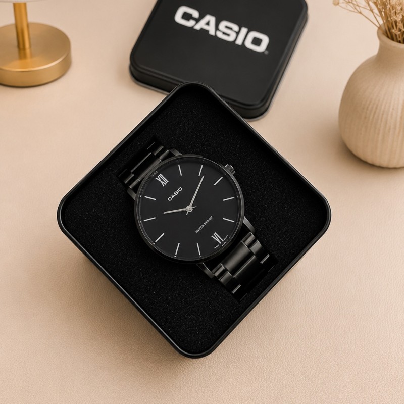 Чоловічий годинник Casio MTP-VT01B-1B з мінеральним склом та чорним сталевим браслетом