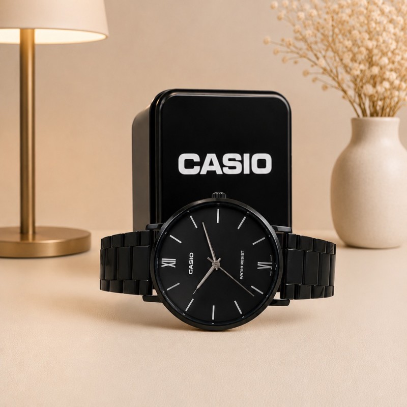 Чоловічий годинник Casio MTP-VT01B-1B з мінеральним склом та чорним сталевим браслетом