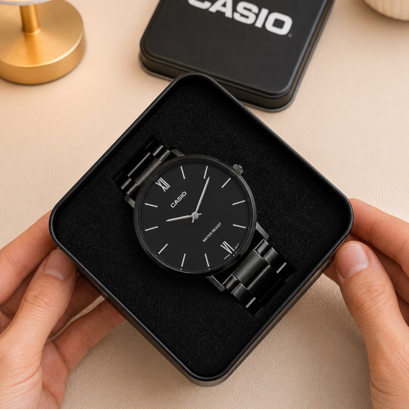 Чоловічий годинник Casio MTP-VT01B-1B з мінеральним склом та чорним сталевим браслетом