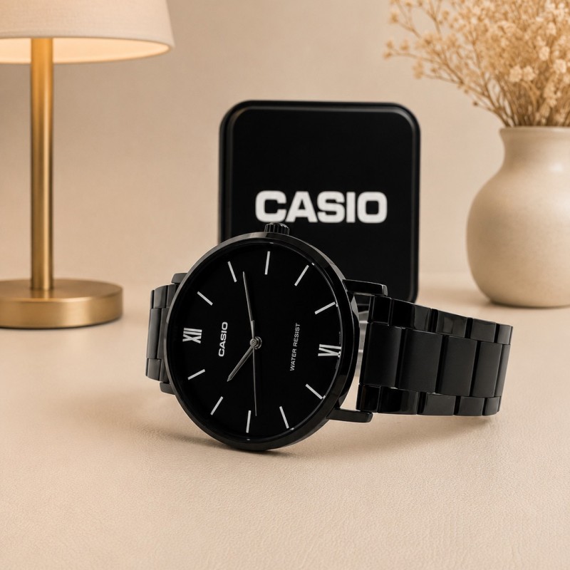 Чоловічий годинник Casio MTP-VT01B-1B з мінеральним склом та чорним сталевим браслетом