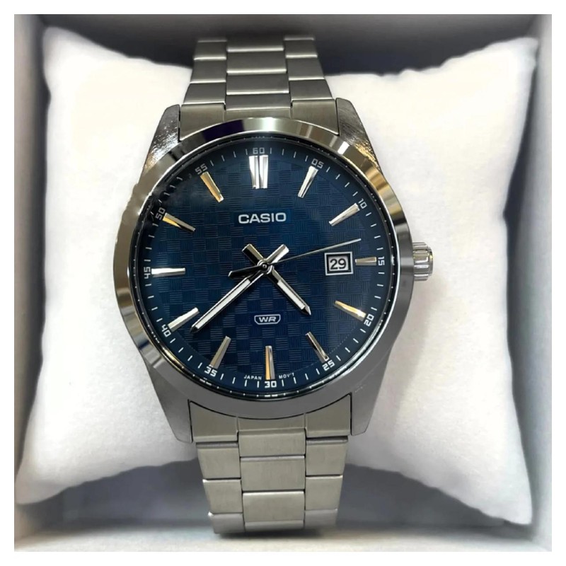 Мужские часы Casio MTP-VD03D-2A2 с синим циферблатом и минеральным стеклом
