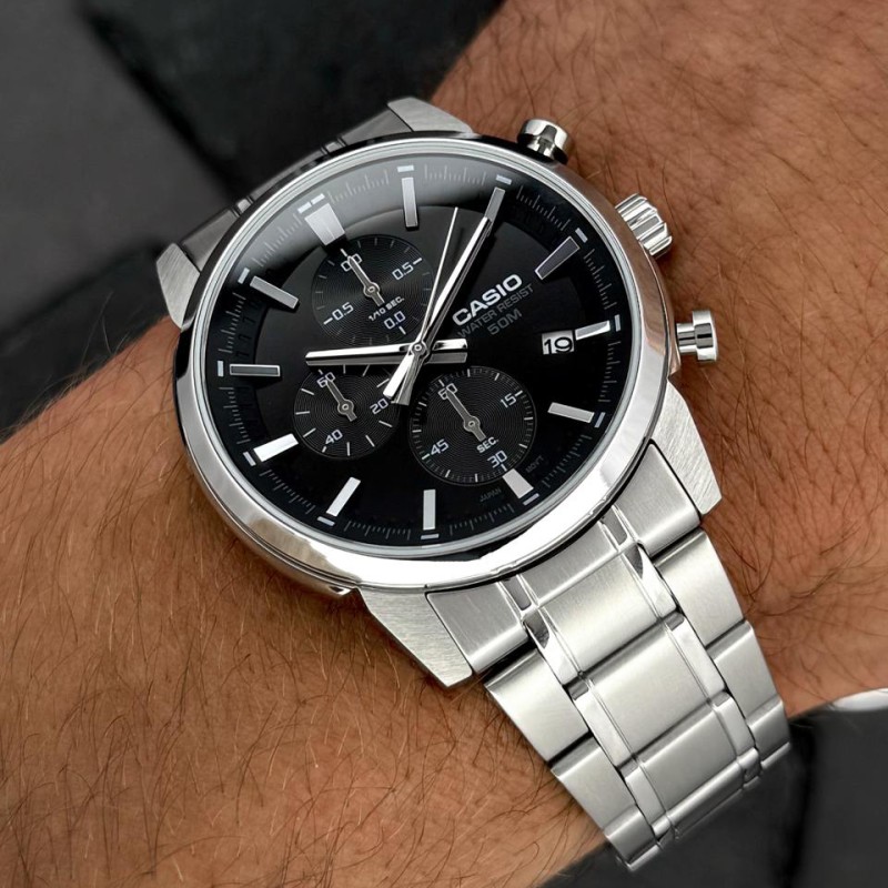 Чоловічий годинник Casio MTP-E510D-1A1 з хронографом та сталевим браслетом, Японія