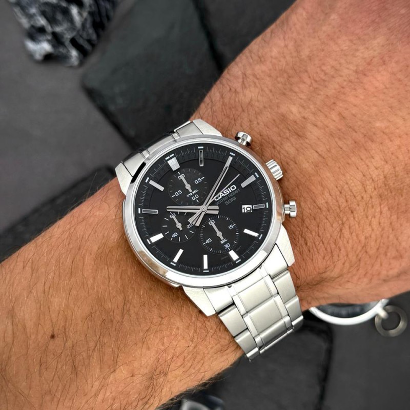 Чоловічий годинник Casio MTP-E510D-1A1 з хронографом та сталевим браслетом, Японія