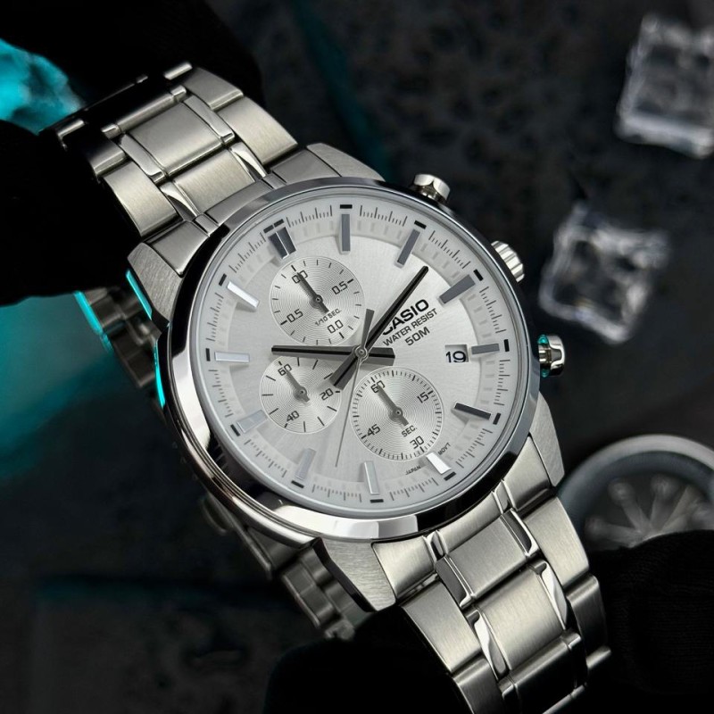 Мужские часы Casio MTP-E510D-7A — классический хронограф с минеральным стеклом и стальным браслетом