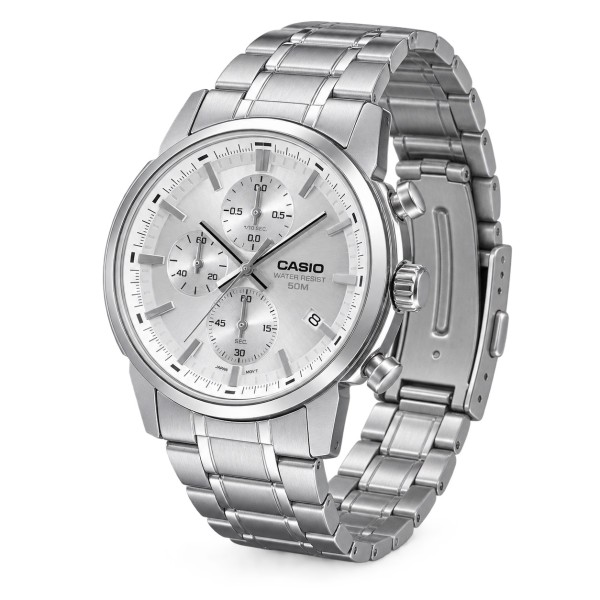 Мужские часы Casio MTP-E510D-7A — классический хронограф с минеральным стеклом и стальным браслетом