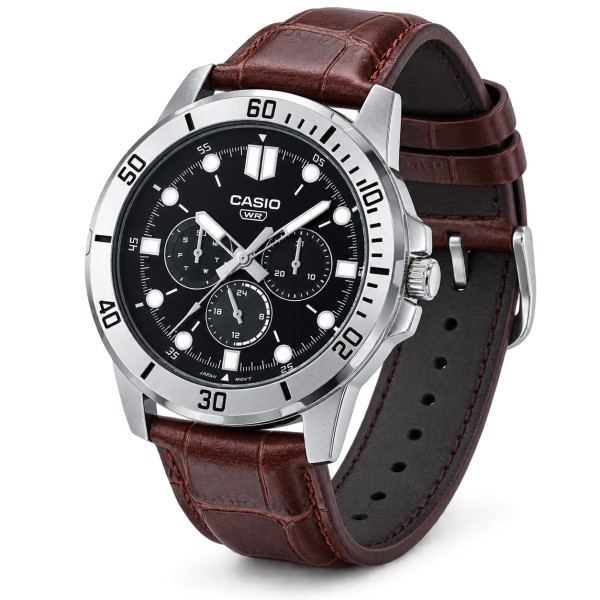 Чоловічий годинник Casio MTP-VD300L-1E з багатофункціональним циферблатом та шкіряним ремінцем