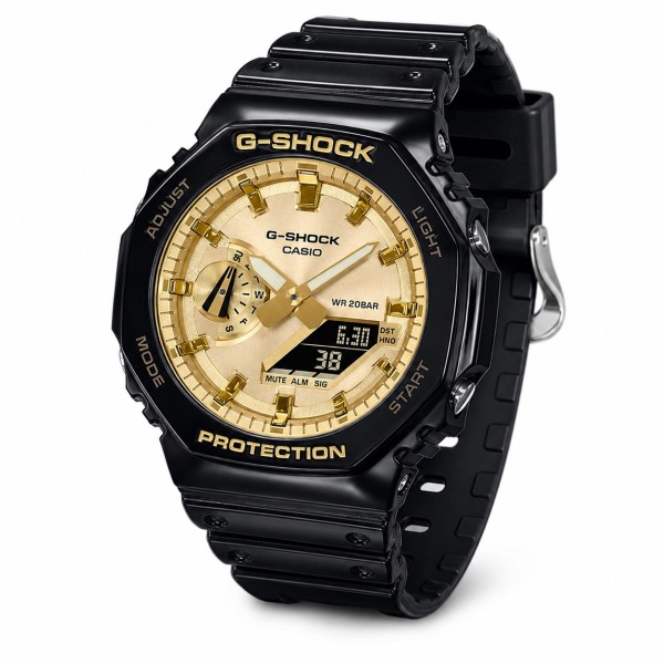 Мужские часы Casio G-SHOCK GA-2100GB-1A с водозащитой 20 ATM и золотистым циферблатом