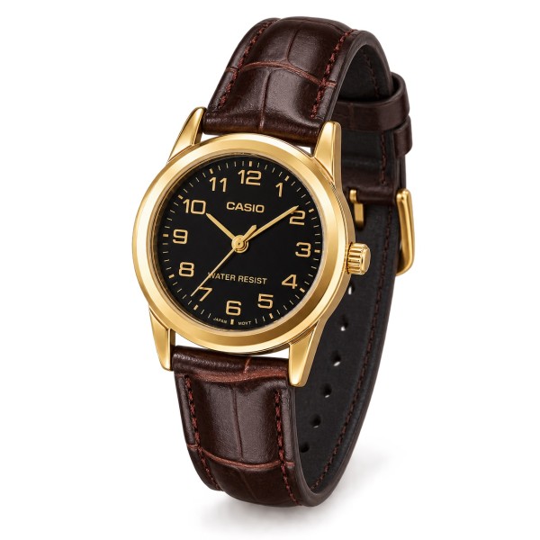 Жіночий годинник Casio LTP-V001GL-1BU у класичному стилі з золотистим корпусом та шкіряним ремінцем