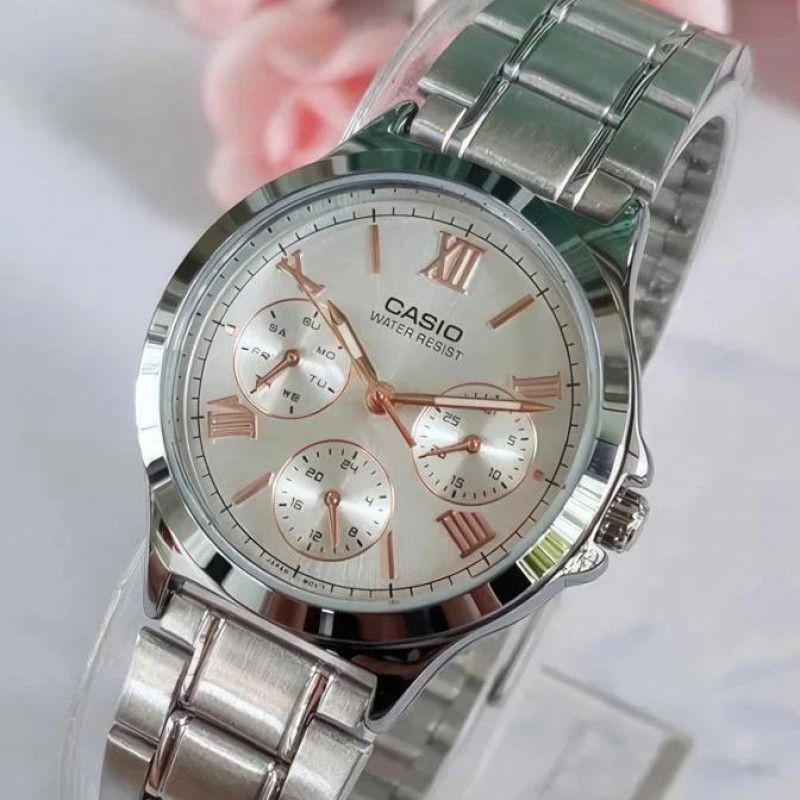Жіночий годинник Casio LTP-V300D-7A2 з багатофункціональним циферблатом та сталевим браслетом