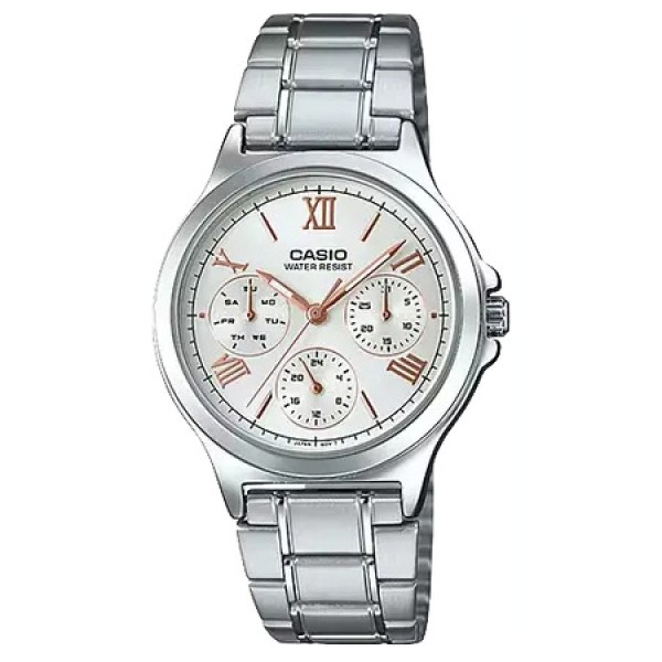 Жіночий годинник Casio LTP-V300D-7A2 з багатофункціональним циферблатом та сталевим браслетом
