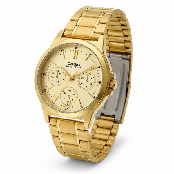 Жіночий годинник Casio LTP-V300G-9A золотистого кольору з багатофункціональним циферблатом