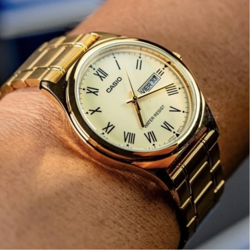 Чоловічий годинник Casio MTP-V006G-9B класичний золотистий з датою та днем тижня