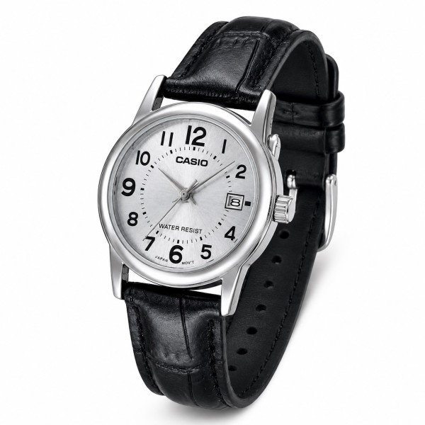 Жіночий годинник Casio LTP-V002L-7B Classic з чорним шкіряним ремінцем та датою