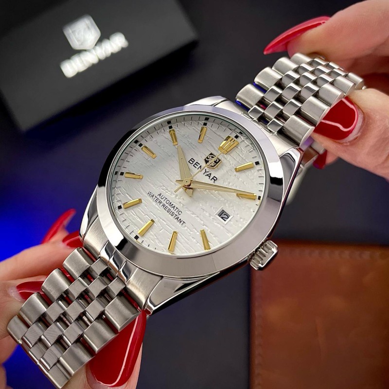 Мужские механические часы Benyar BY-5209 White с автоподзаводом и стальным браслетом