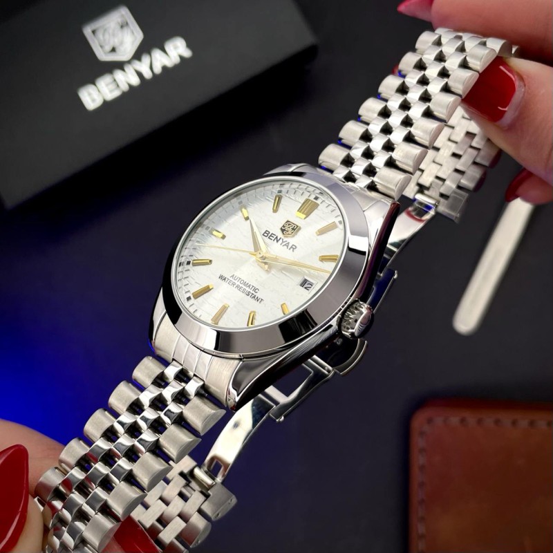 Мужские механические часы Benyar BY-5209 White с автоподзаводом и стальным браслетом
