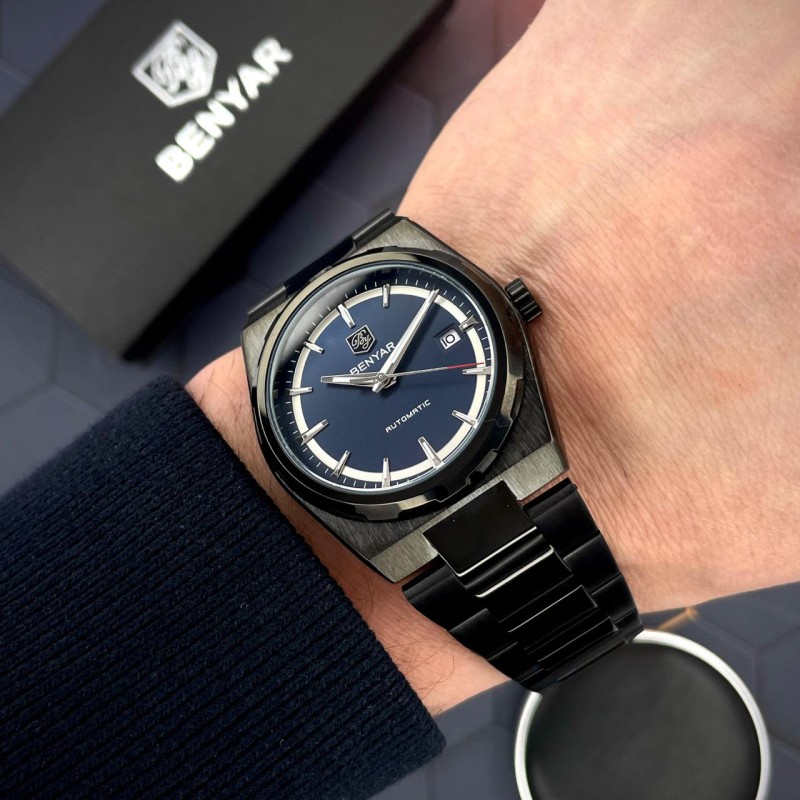 Чоловічий годинник Benyar BY-5203 Black-Blue з автопідзаводом та сталевим браслетом