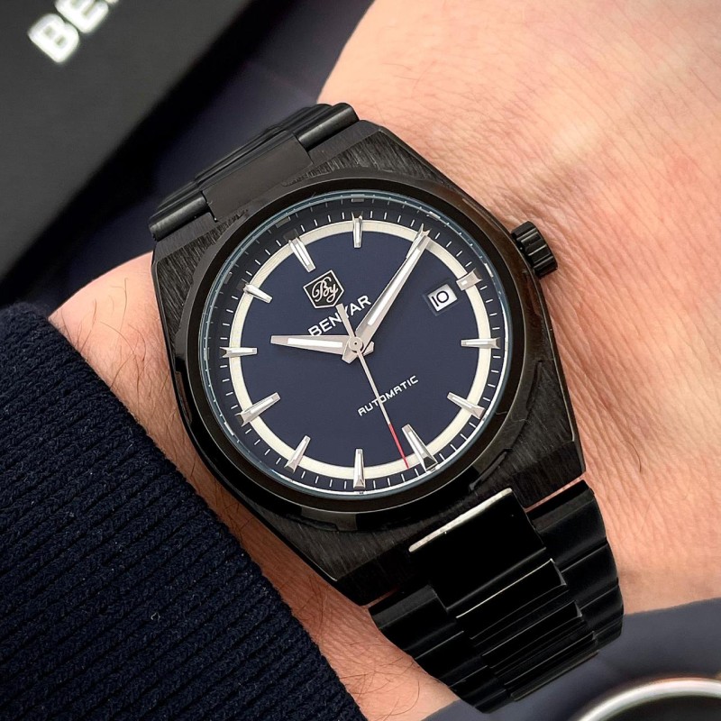 Чоловічий годинник Benyar BY-5203 Black-Blue з автопідзаводом та сталевим браслетом