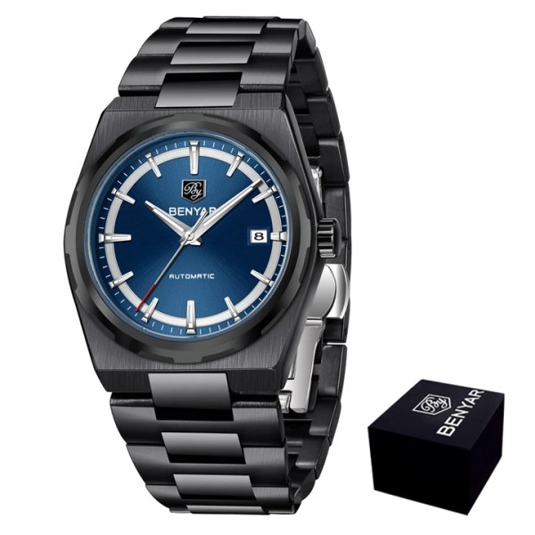 Чоловічий годинник Benyar BY-5203 Black-Blue з автопідзаводом та сталевим браслетом