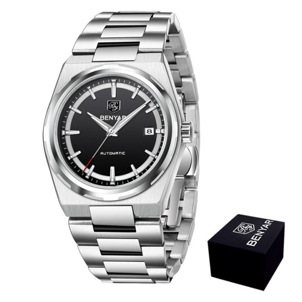Чоловічий механічний годинник Benyar BY-5203 Silver-Black з автопідзаводом та сталевим браслетом