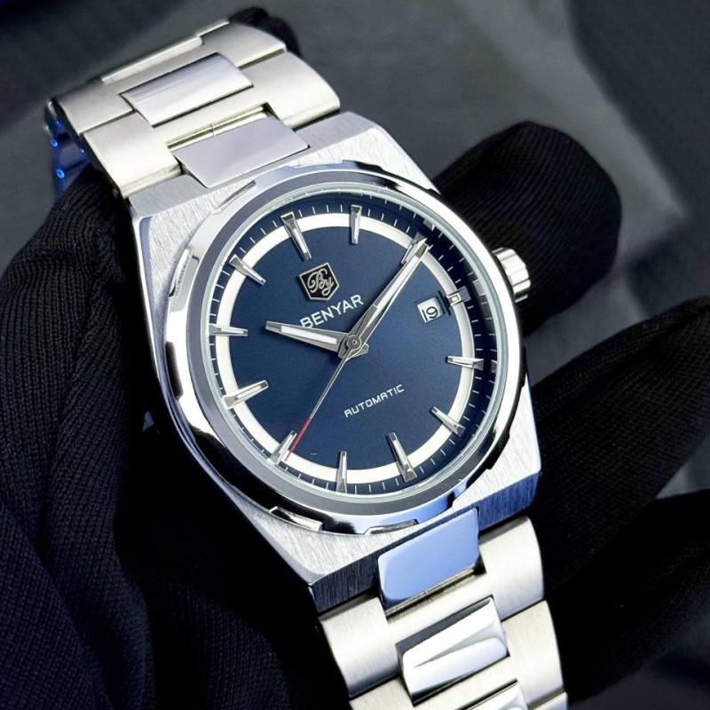 Мужские механические часы Benyar BY-5203 Silver-Blue с автоподзаводом и стальным браслетом