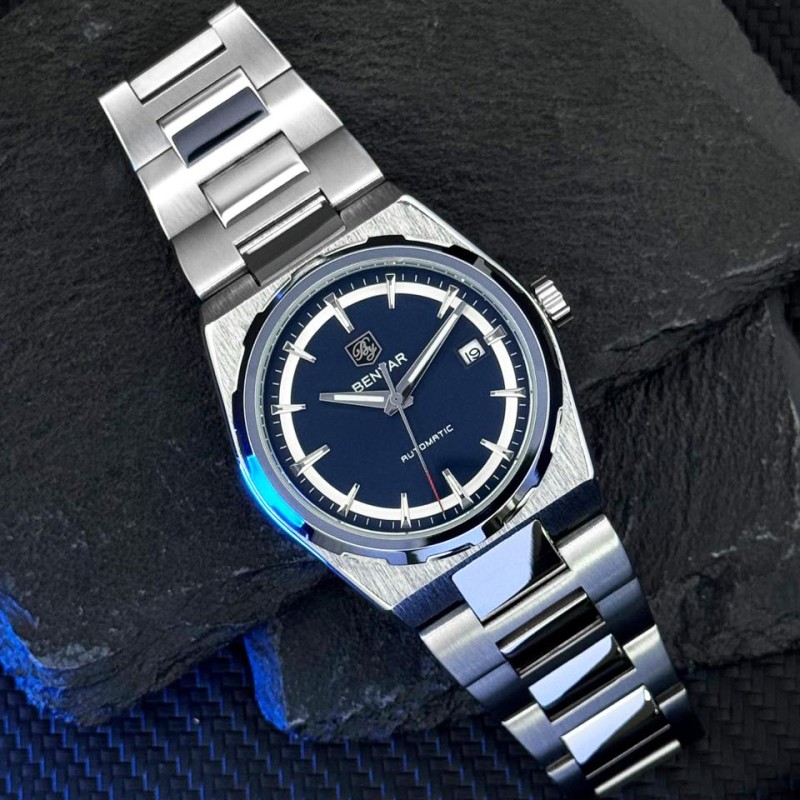 Мужские механические часы Benyar BY-5203 Silver-Blue с автоподзаводом и стальным браслетом