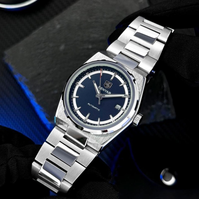 Мужские механические часы Benyar BY-5203 Silver-Blue с автоподзаводом и стальным браслетом