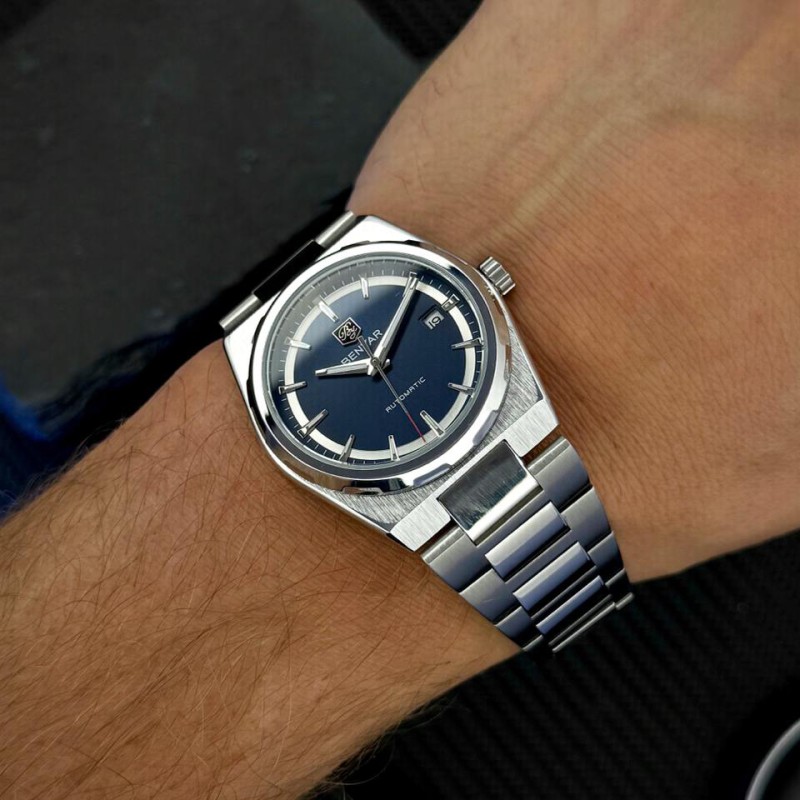 Мужские механические часы Benyar BY-5203 Silver-Blue с автоподзаводом и стальным браслетом