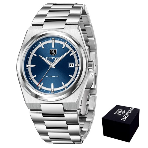 Мужские механические часы Benyar BY-5203 Silver-Blue с автоподзаводом и стальным браслетом