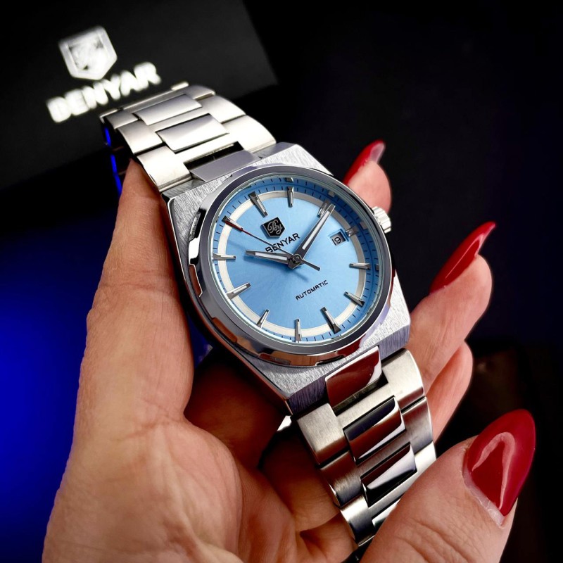 Чоловічий механічний годинник Benyar BY-5203 Silver-Ligh Blue з автопідзаводом та сталевим браслетом