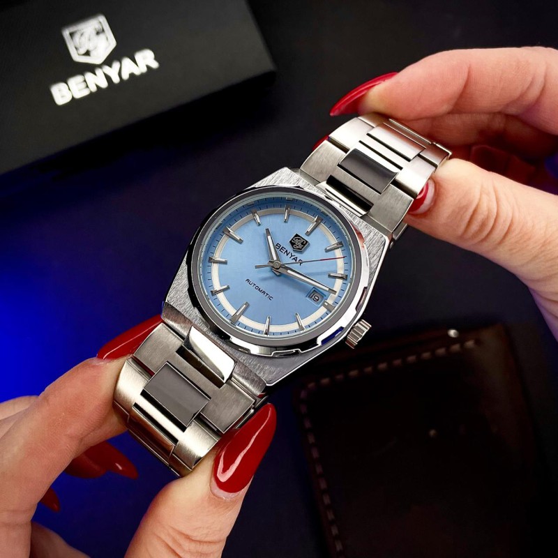 Чоловічий механічний годинник Benyar BY-5203 Silver-Ligh Blue з автопідзаводом та сталевим браслетом