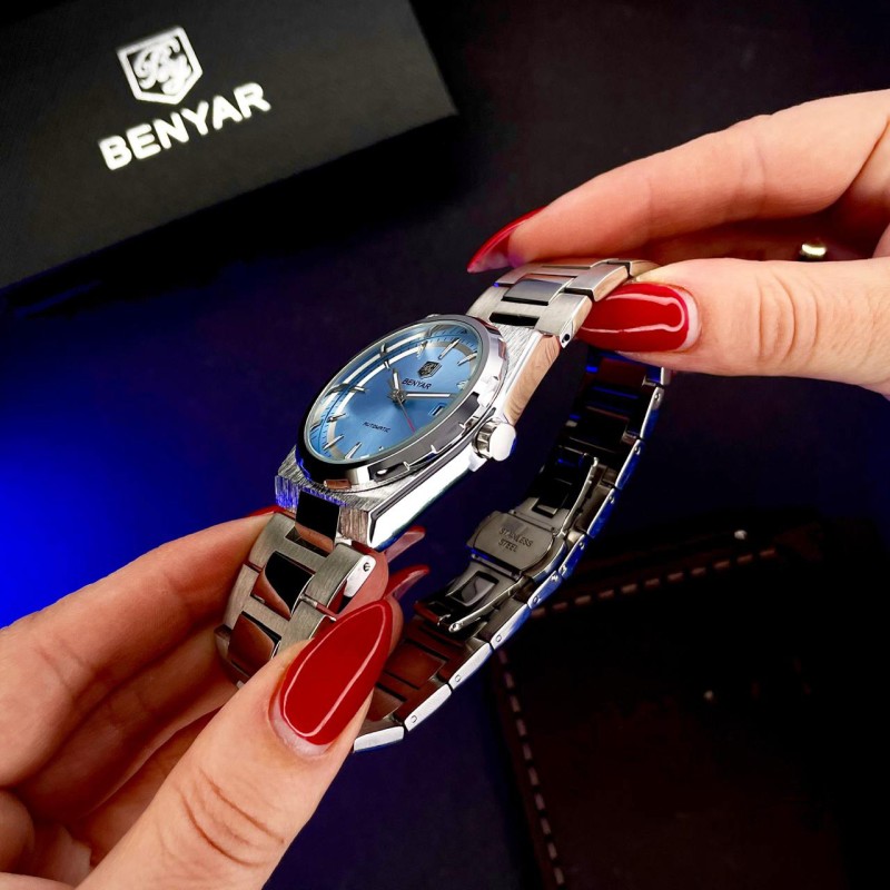 Чоловічий механічний годинник Benyar BY-5203 Silver-Ligh Blue з автопідзаводом та сталевим браслетом