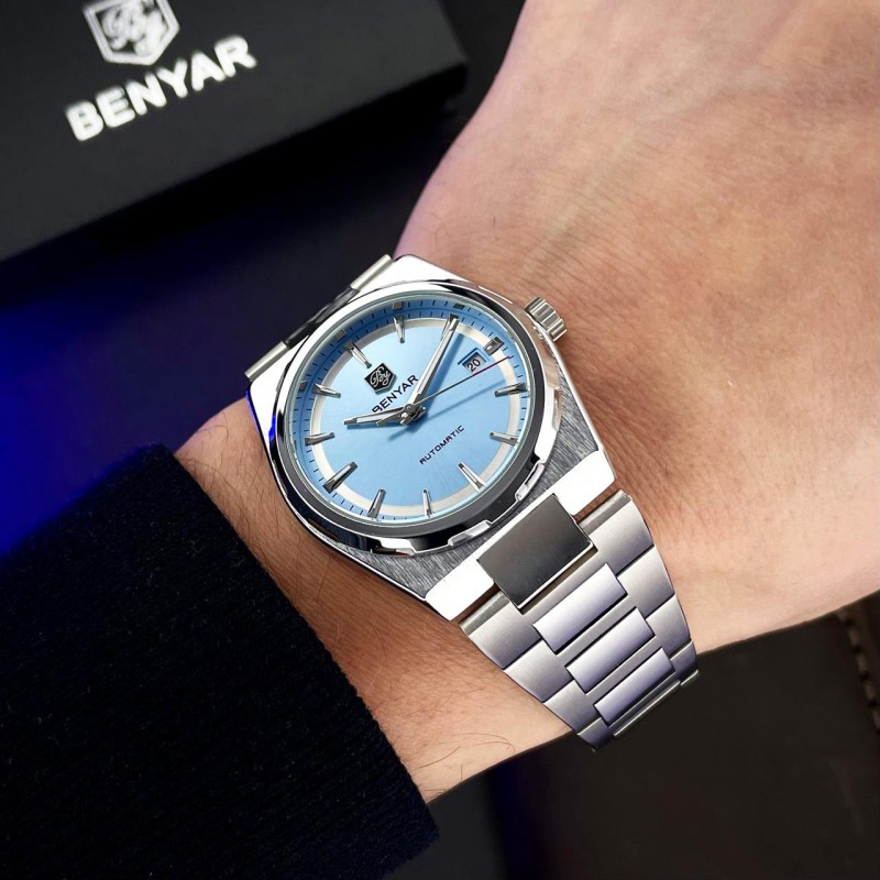 Чоловічий механічний годинник Benyar BY-5203 Silver-Ligh Blue з автопідзаводом та сталевим браслетом