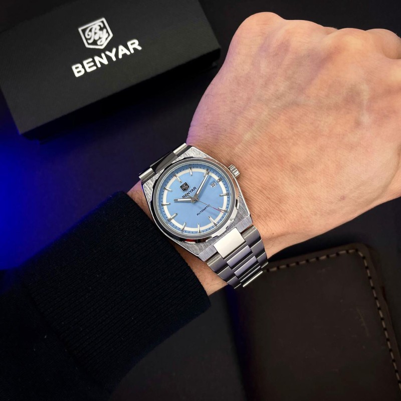 Чоловічий механічний годинник Benyar BY-5203 Silver-Ligh Blue з автопідзаводом та сталевим браслетом