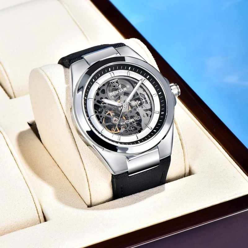 Чоловічий механічний годинник Benyar BY-5207 Black-Silver-White з автопідзаводом та шкіряним ремінцем