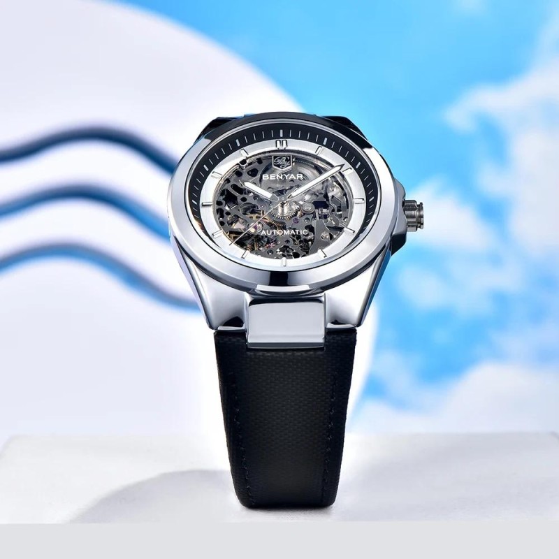 Чоловічий механічний годинник Benyar BY-5207 Black-Silver-White з автопідзаводом та шкіряним ремінцем