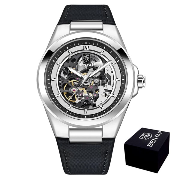 Чоловічий механічний годинник Benyar BY-5207 Black-Silver-White з автопідзаводом та шкіряним ремінцем