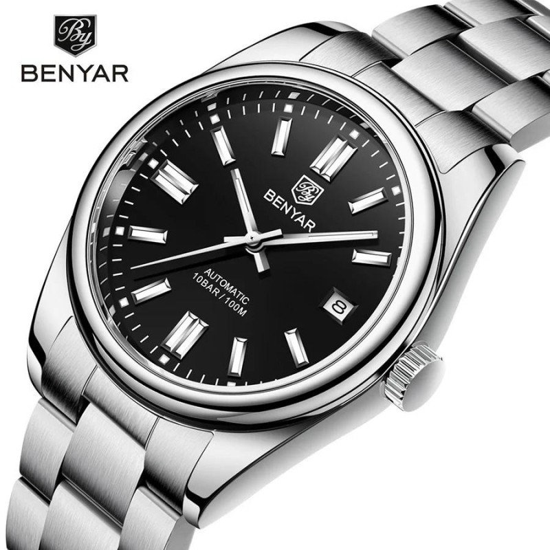 Мужские механические часы Benyar BY-5185 Black с автоподзаводом и стальным браслетом