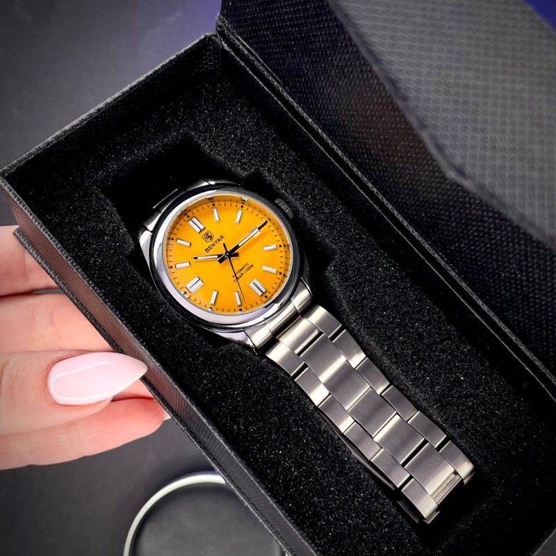 Чоловічий механічний годинник Benyar BY-5185 Yellow з автопідзаводом та сталевим браслетом