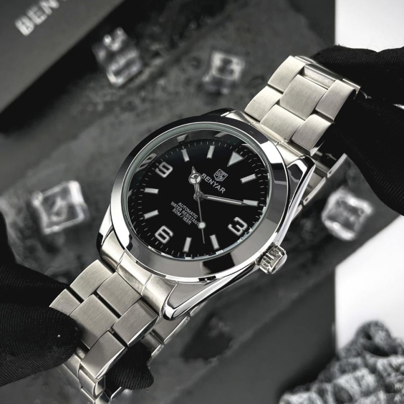 Мужские механические часы Benyar BY-5177 Black с автоподзаводом и стальным браслетом
