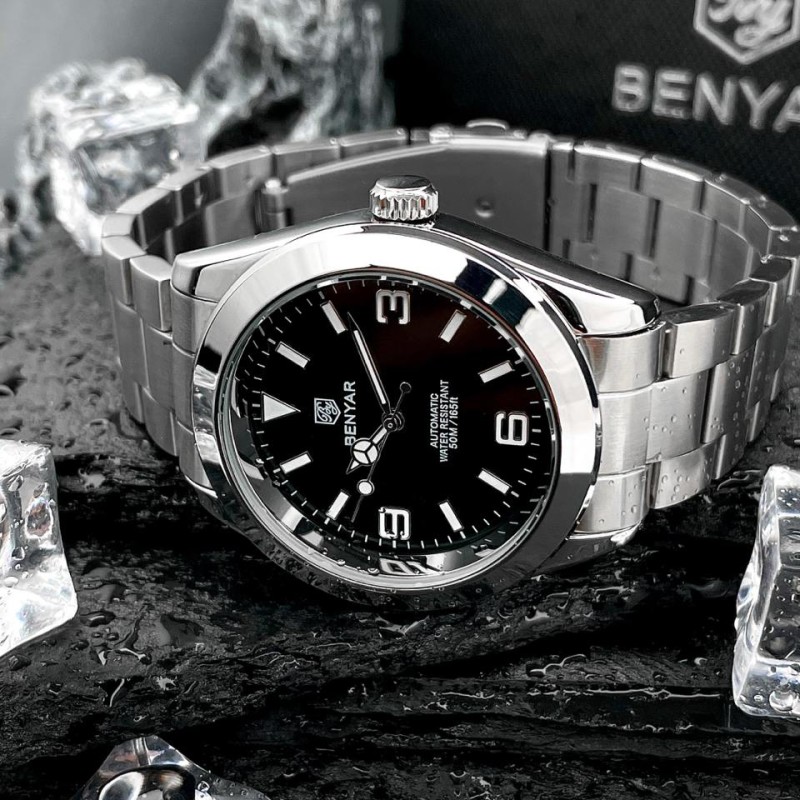 Мужские механические часы Benyar BY-5177 Black с автоподзаводом и стальным браслетом