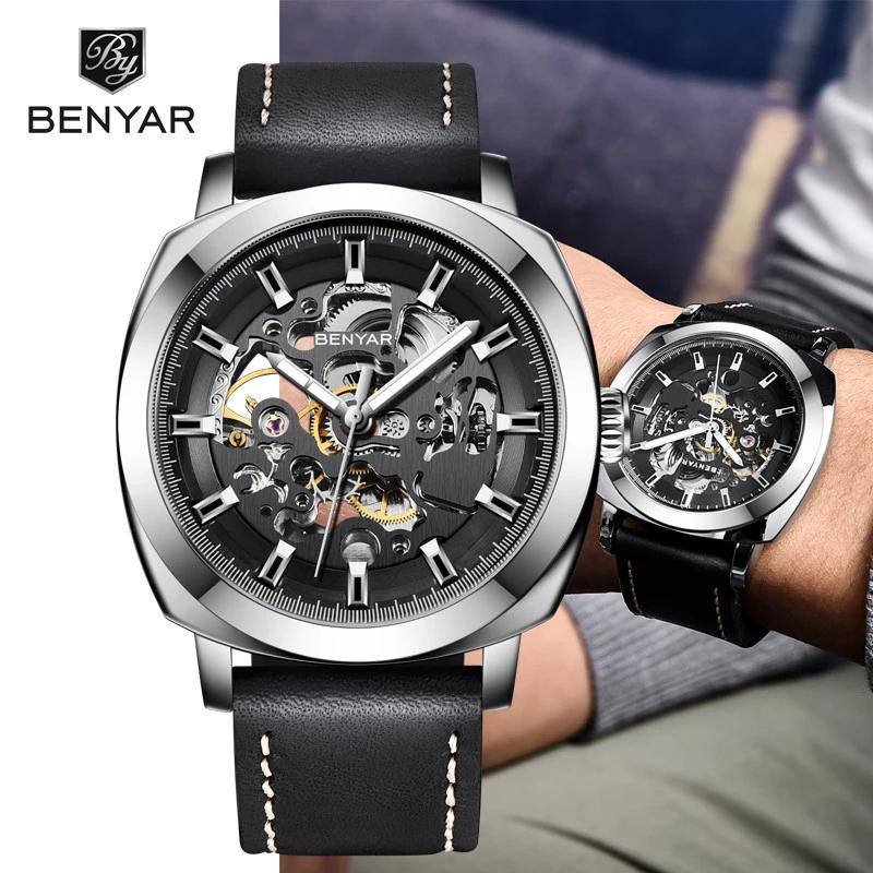Чоловічий механічний годинник Benyar BY-5121 Silver з автопідзаводом та шкіряним ремінцем