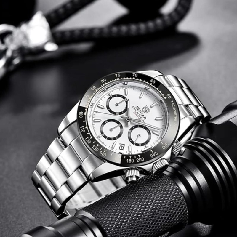 Мужские часы Benyar BY-5169 Silver-White со стальным браслетом, хронографом и тахиметром