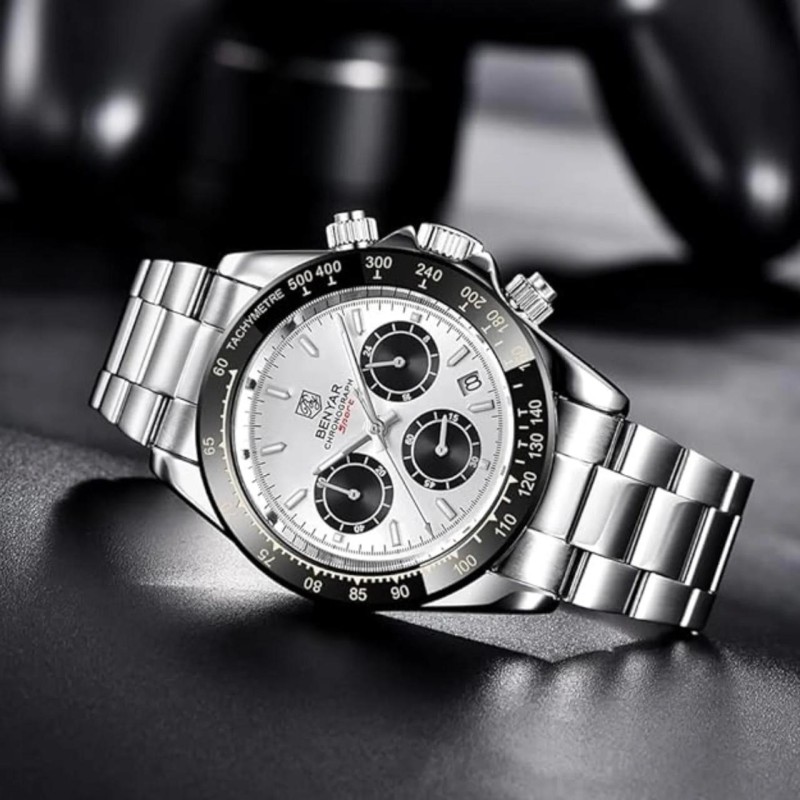 Мужские часы Benyar BY-5169 Silver-White со стальным браслетом, хронографом и тахиметром