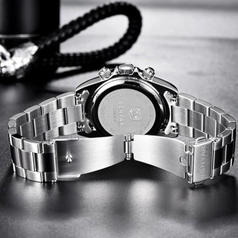 Мужские часы Benyar BY-5169 Silver-White со стальным браслетом, хронографом и тахиметром
