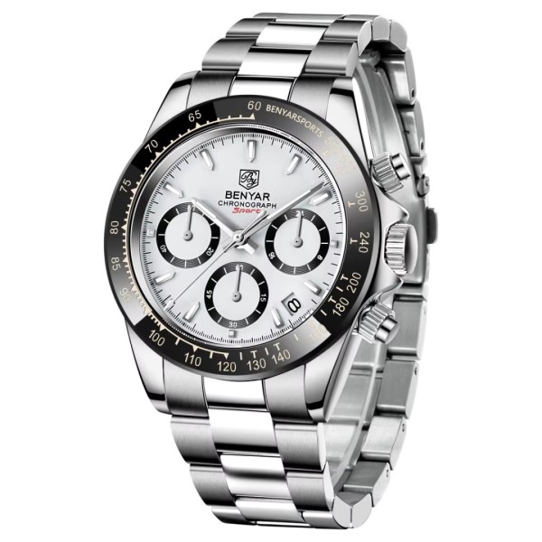 Мужские часы Benyar BY-5169 Silver-White со стальным браслетом, хронографом и тахиметром