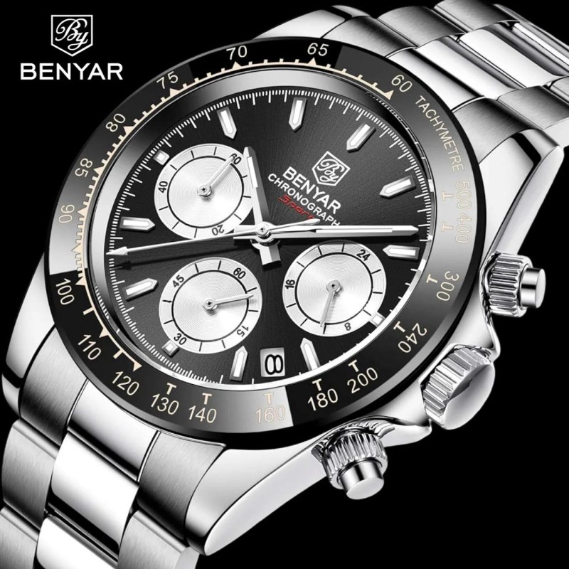 Чоловічий наручний годинник Benyar BY-5169 Silver-Black-White з хронографом та сталевим браслетом