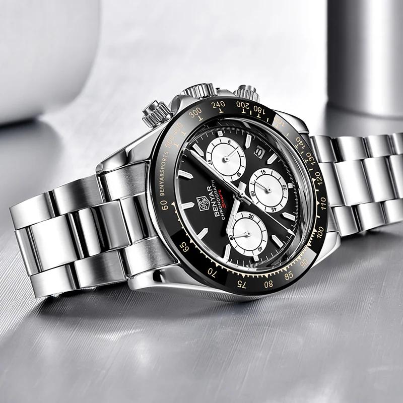 Чоловічий наручний годинник Benyar BY-5169 Silver-Black-White з хронографом та сталевим браслетом