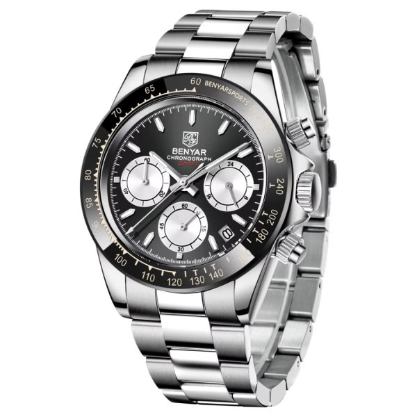 Чоловічий наручний годинник Benyar BY-5169 Silver-Black-White з хронографом та сталевим браслетом