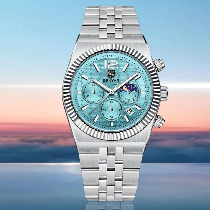 Чоловічий годинник Benyar BY-5225 Silver-Blue зі сріблястим браслетом та бірюзовим циферблатом