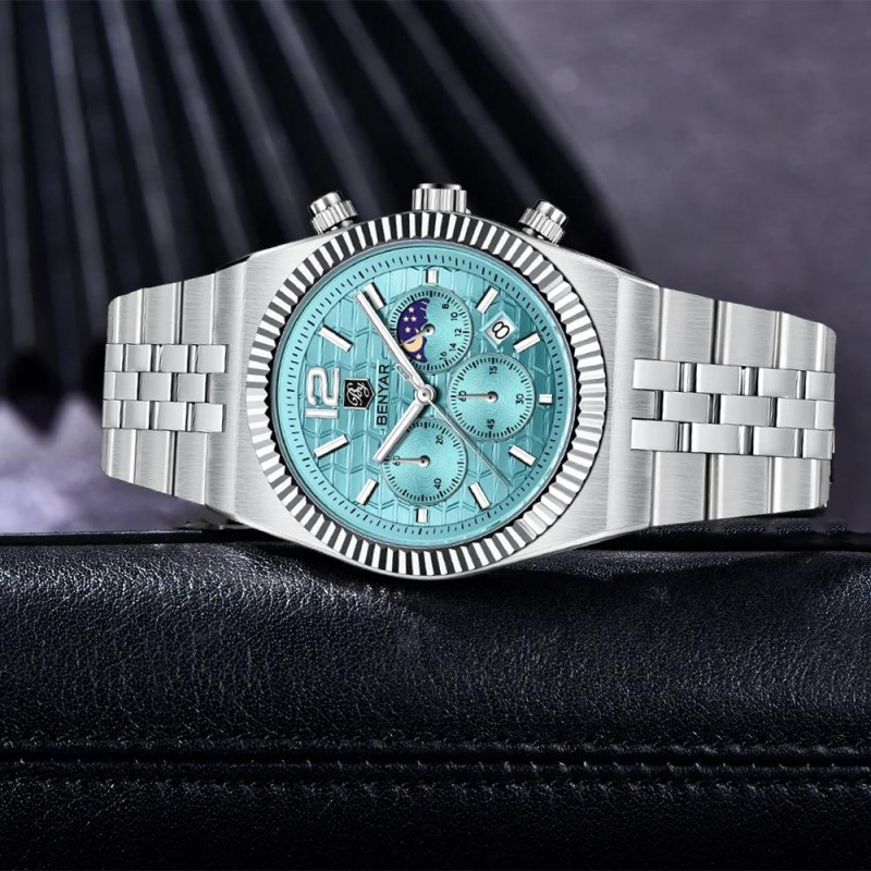 Чоловічий годинник Benyar BY-5225 Silver-Blue зі сріблястим браслетом та бірюзовим циферблатом